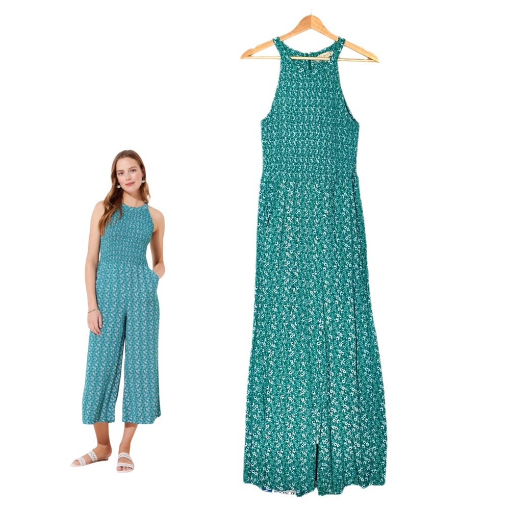 Loft Floral Smocked Crisscross Back Jumpsuit Green White Floral Print Size 6